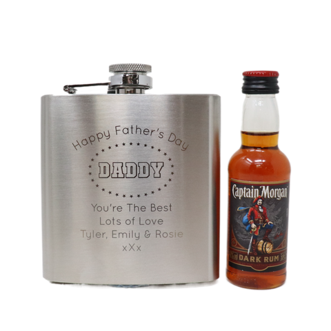 Personalised Silver Hip Flask & Miniature Alcohol - Father's Day Design