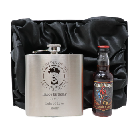 Personalised Silver Hip Flask & Miniature Alcohol - Peaky Blinders Design