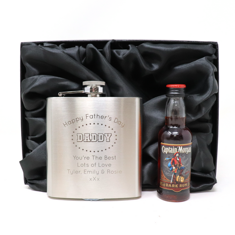 Personalised Silver Hip Flask & Miniature Alcohol - Father's Day Design