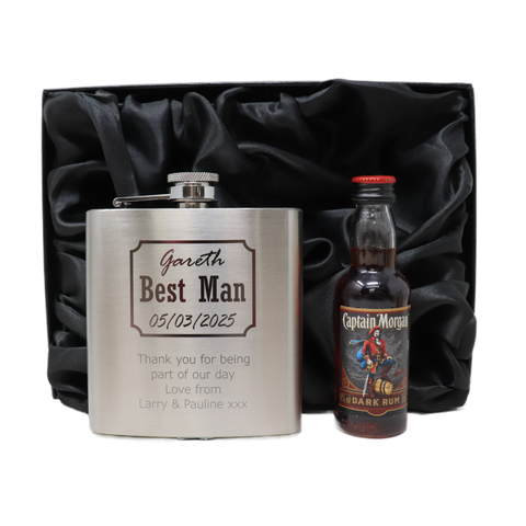 Personalised Silver Hip Flask & Miniature Alcohol - Best Man Wedding Design