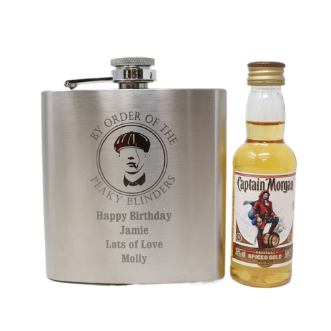 Personalised Silver Hip Flask & Miniature Alcohol - Peaky Blinders Design