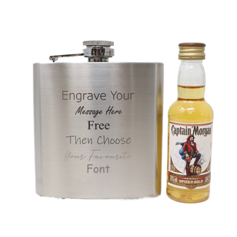 Personalised Engraved Silver Hip Flask & Miniature Alcohol Gift Set
