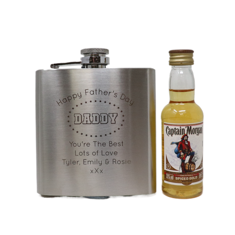 Personalised Silver Hip Flask & Miniature Alcohol - Father's Day Design