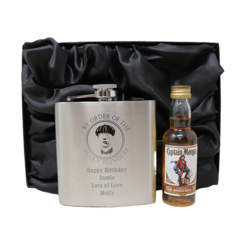 Personalised Silver Hip Flask & Miniature Alcohol - Peaky Blinders Design