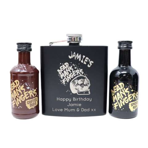 Personalised Black Hip Flask & Miniature Alcohol - Dead Man's Fingers Rum Design