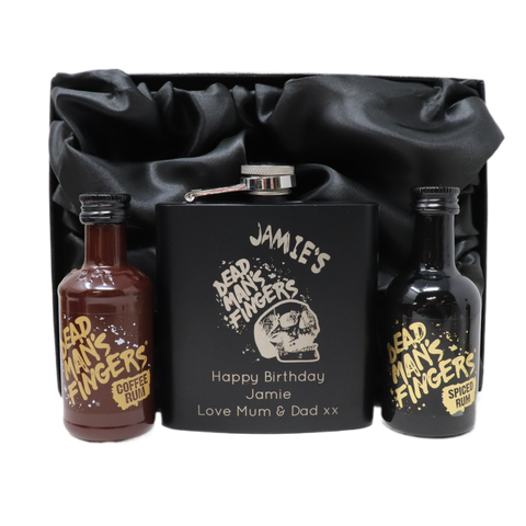 Personalised Black Hip Flask & Miniature Alcohol - Dead Man's Fingers Rum Design