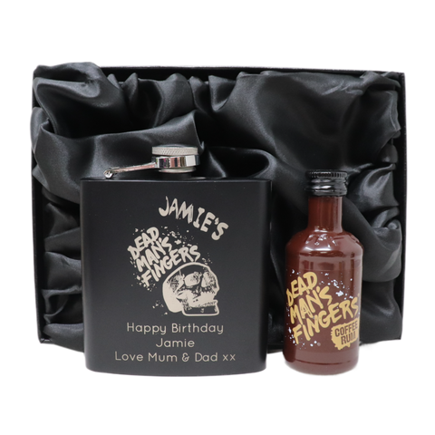 Personalised Black Hip Flask & Miniature Alcohol - Dead Man's Fingers Rum Design