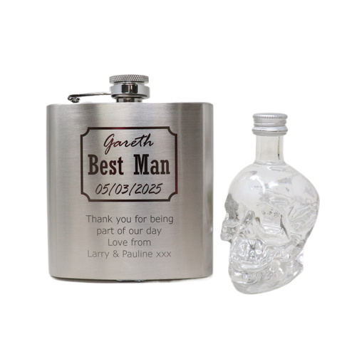 Personalised Silver Hip Flask & Miniature Alcohol - Best Man Wedding Design