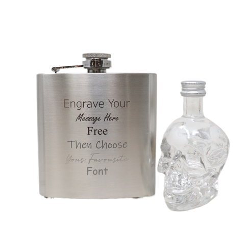 Personalised Engraved Silver Hip Flask & Miniature Alcohol Gift Set