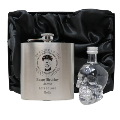 Personalised Silver Hip Flask & Miniature Alcohol - Peaky Blinders Design