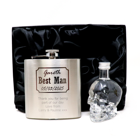 Personalised Silver Best Man Wedding Hip Flask & Miniature Alcohol Gift Set