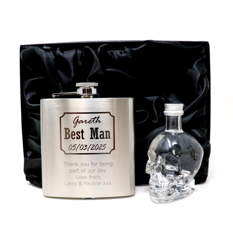 Personalised Silver Hip Flask & Miniature Alcohol - Best Man Wedding Design