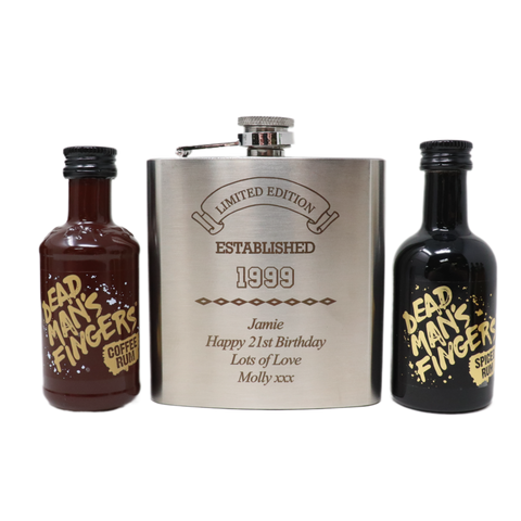 Personalised Silver Established Birthday Hip Flask & Miniature Alcohol Gift Set