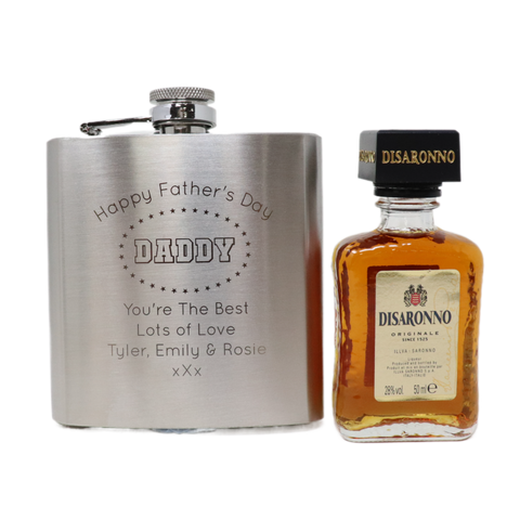 Personalised Silver Hip Flask & Miniature Alcohol - Father's Day Design