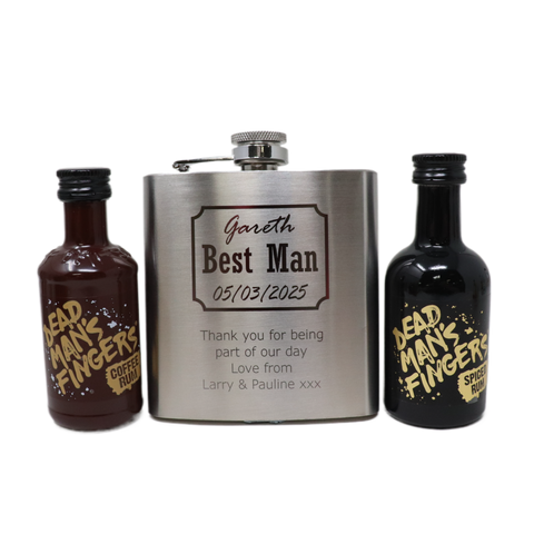 Personalised Silver Hip Flask & Miniature Alcohol - Best Man Wedding Design