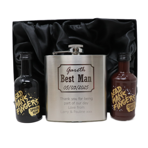 Personalised Silver Hip Flask & Miniature Alcohol - Best Man Wedding Design