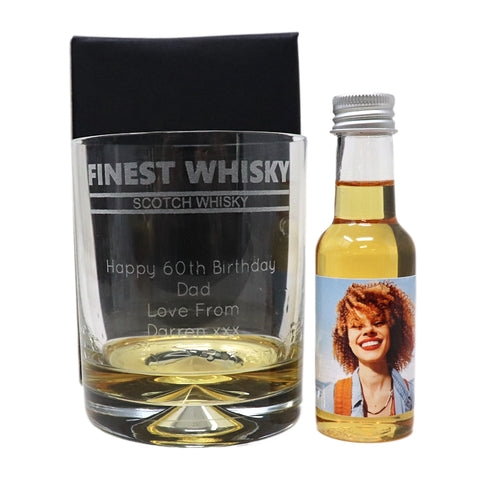 Personalised Whisky Glass Tumbler & Photo Design Miniature Bottle