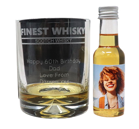 Personalised Whisky Glass Tumbler & Photo Design Miniature Bottle