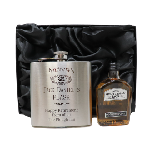 Personalised Silver Hip Flask & Miniature Alcohol - Jack Daniels Design