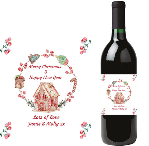 Personalised Wine Bottle Label - Christmas Gingerbread House Design