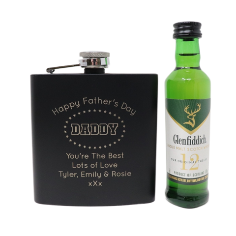 Personalised Black Hip Flask & Miniature - Father's Day Design