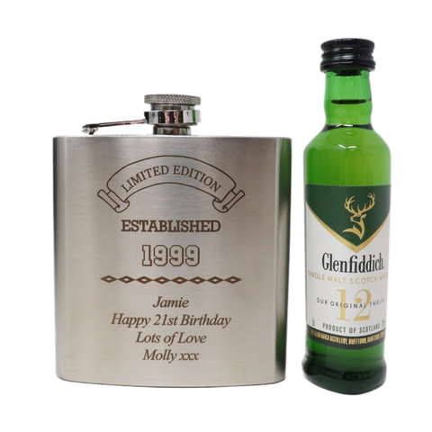 Personalised Silver Hip Flask & Miniature Alcohol - Established Birthday Design