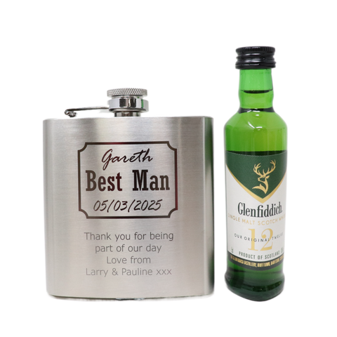 Personalised Silver Best Man Wedding Hip Flask & Miniature Alcohol Gift Set