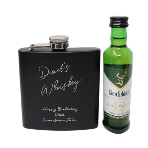 Personalised Black Hip Flask & Miniature Alcohol - Whisky Design