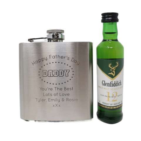 Personalised Silver Hip Flask & Miniature Alcohol - Father's Day Design