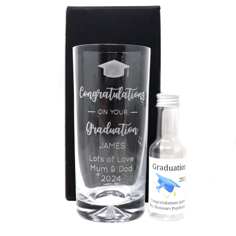 Engraved Graduation Highball Glass & Personalised Miniature Alcohol Bottle