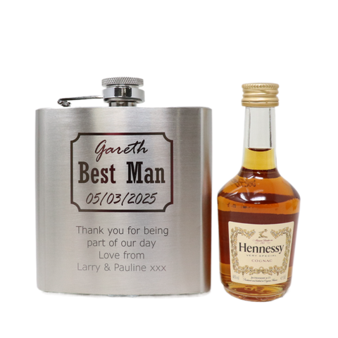 Personalised Silver Hip Flask & Miniature Alcohol - Best Man Wedding Design