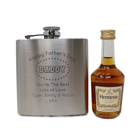 Personalised Silver Hip Flask & Miniature Alcohol - Father's Day Design