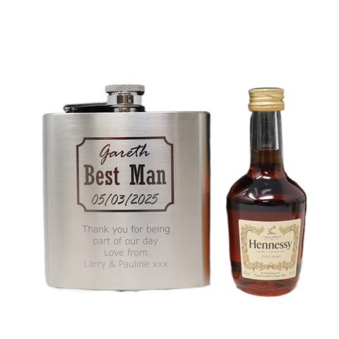 Personalised Silver Hip Flask & Miniature Alcohol - Best Man Wedding Design