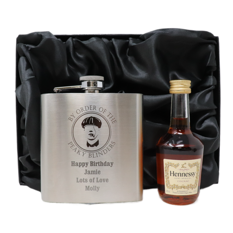 Personalised Silver Hip Flask & Miniature Alcohol - Peaky Blinders Design