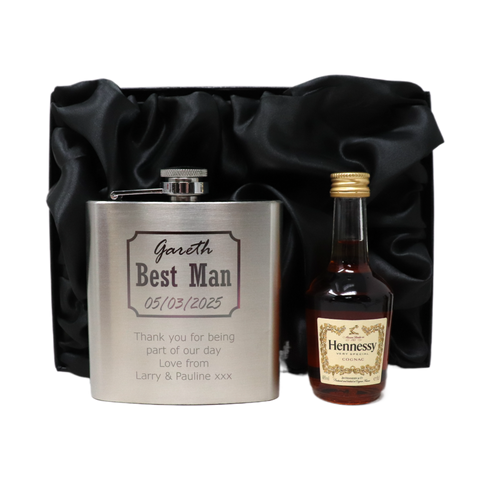 Personalised Silver Hip Flask & Miniature Alcohol - Best Man Wedding Design