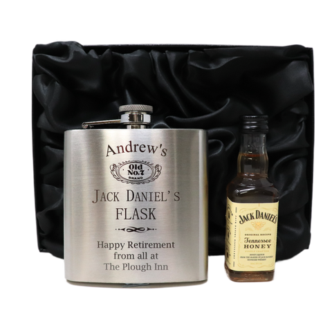 Personalised Silver Hip Flask & Miniature Alcohol - Jack Daniels Design