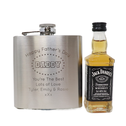 Personalised Silver Hip Flask & Miniature Alcohol - Father's Day Design