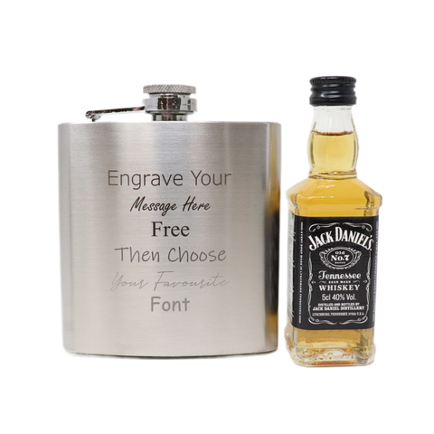 Personalised Engraved Silver Hip Flask & Miniature Alcohol Gift Set