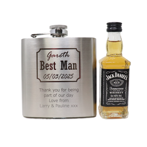 Personalised Silver Hip Flask & Miniature Alcohol - Best Man Wedding Design