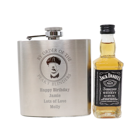 Personalised Silver Hip Flask & Miniature Alcohol - Peaky Blinders Design