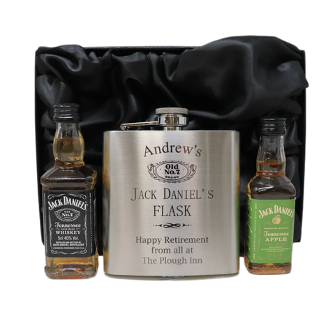 Personalised Silver Hip Flask & Miniature Alcohol - Jack Daniels Design