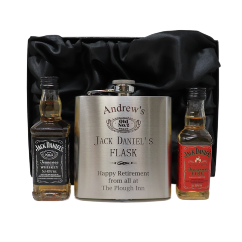 Personalised Silver Hip Flask & Miniature Alcohol - Jack Daniels Design