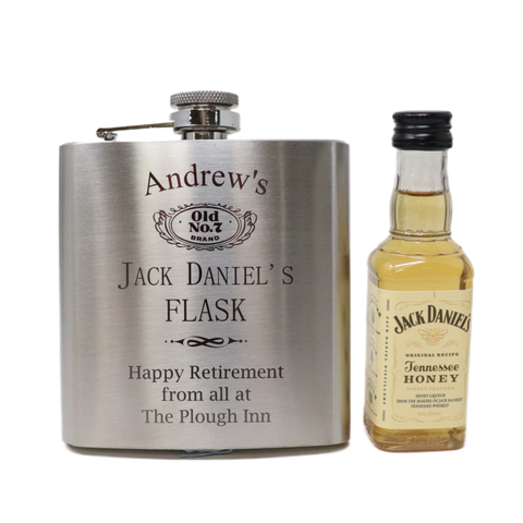 Personalised Silver Hip Flask & Miniature Alcohol - Jack Daniels Design