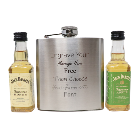Personalised Engraved Silver Hip Flask & Miniature Alcohol Gift Set