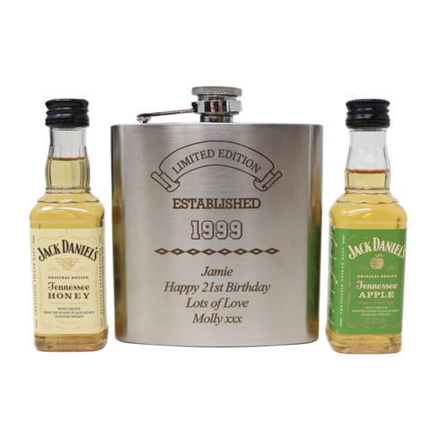 Personalised Silver Established Birthday Hip Flask & Miniature Alcohol Gift Set