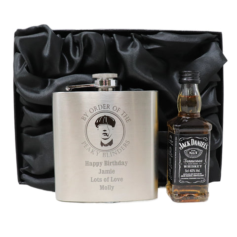 Personalised Silver Hip Flask & Miniature Alcohol - Peaky Blinders Design