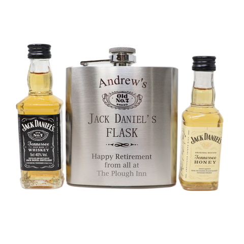 Personalised Silver Hip Flask & Miniature Alcohol - Jack Daniels Design