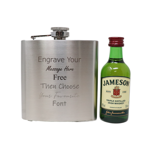 Personalised Engraved Silver Hip Flask & Miniature Alcohol Gift Set