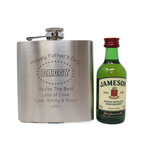 Personalised Silver Hip Flask & Miniature Alcohol - Father's Day Design