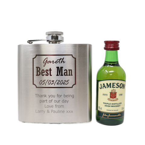 Personalised Silver Hip Flask & Miniature Alcohol - Best Man Wedding Design